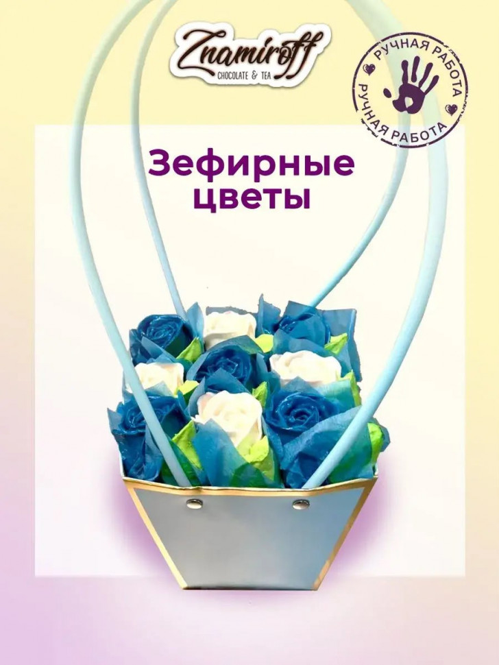    Сумка-корзинка с зефирными цветами, Размер М бело-голубые бутоны  в Усть-илимске
